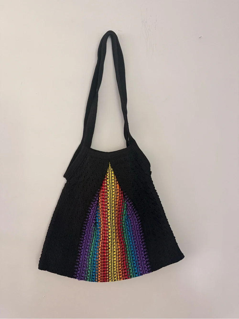 Boho Knit Shoulder Bag Rainbow Stripe Festival Purse